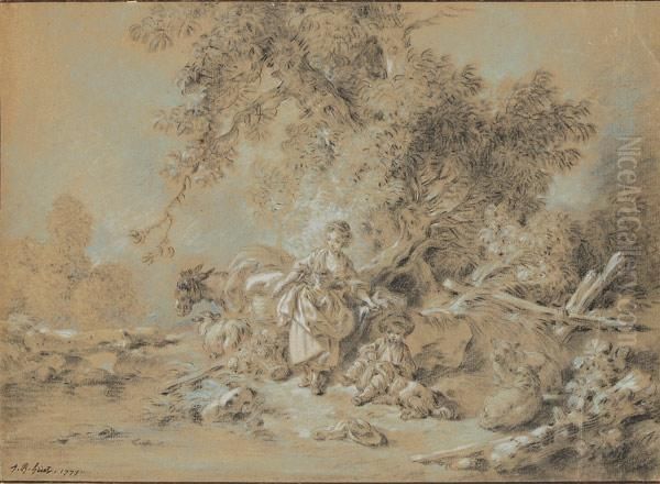 Schaferin Mit Kind, Hund Und Esel In Idealisierter Landschaft Oil Painting by Jean-Baptiste Huet