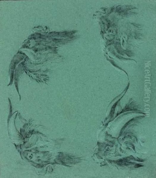 Quatre Etudes De Tetes De Boucs Sur La Meme Feuille Oil Painting by Jean-Baptiste Huet