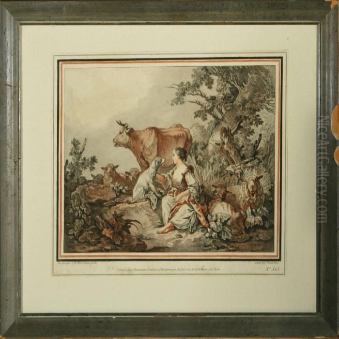 Landscape Scene With A Young Woman, Dog And Livestock Oil Painting by Jean-Baptiste Huet