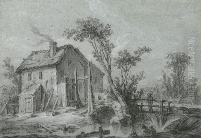 A Farmhouse And Fishermen By A Stream And On A Wooden Bridge Oil Painting by Jean-Baptiste Huet
