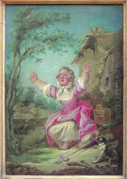 Jeune Bergere A La Cage Oil Painting by Jean-Baptiste Huet