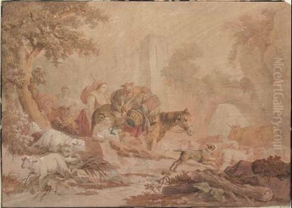 Paesaggio Con Pastorelle Ed Armenti Oil Painting by Jean-Baptiste Huet