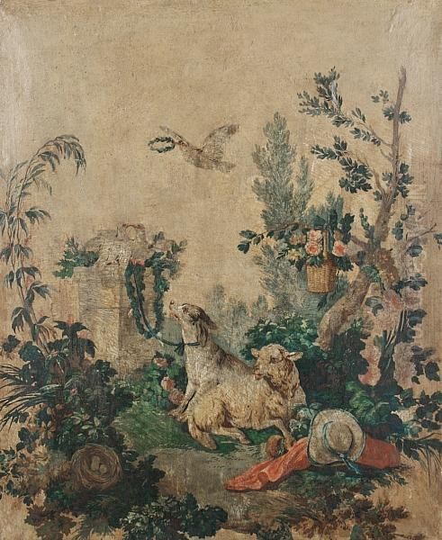 Dog And Game Birds Before Trees; A Dog Andsheep Before Trees Oil Painting by Jean-Baptiste Huet