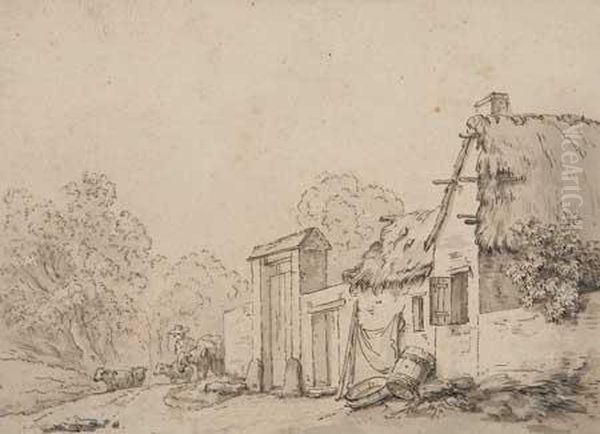 Farm Scene, Shepherd With A Flock Of Sheep Oil Painting by Jean-Baptiste Huet