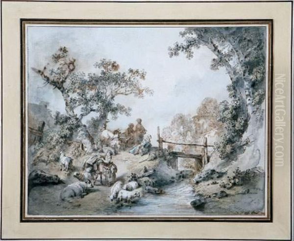 Bergers Et Troupeaux Se Reposant Pres D'un Ruisseau Oil Painting by Jean-Baptiste Huet