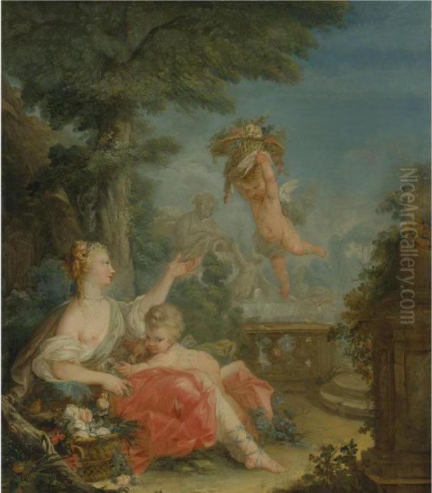 A Shepherdess In A Landscape With A Putto Holding A Basket Of Flowers Oil Painting by Jean-Baptiste Huet