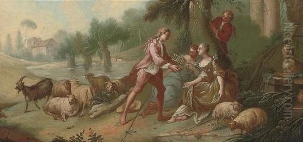 An Amorous Couple In A Garden; And A Shepherd With His Flock Courting Two Ladies Oil Painting by Jean-Baptiste Huet