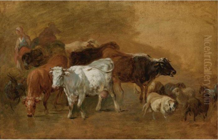 Cattle And Sheep Driven By Peasants - A Sketch Oil Painting by Jean-Baptiste Huet