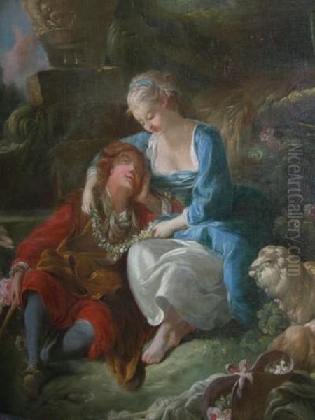 Parigi, -. Dipinto Olio Su Tela 
Raff.''contadino, Damigella E Pecore A Riposo''. Mis. Lung. Cm. 108 
Alt.cm. 100 Ca Oil Painting by Jean-Baptiste Huet