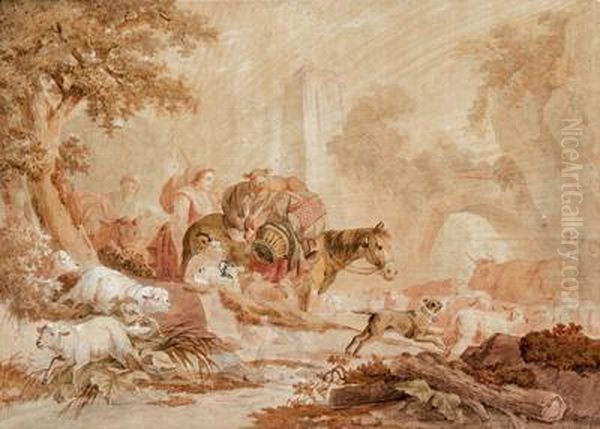 Paesaggio Con Pastori E Gregge Oil Painting by Jean-Baptiste Huet