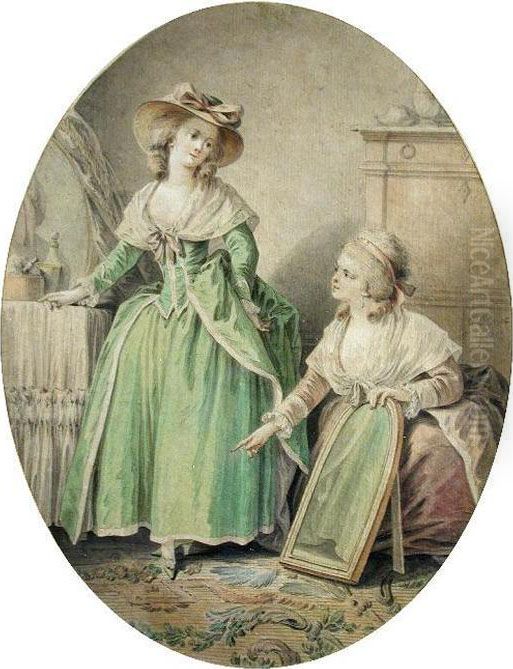 Two Ladies Of Fashion Admiring A Pair Of New Shoes Oil Painting by Jean-Baptiste Huet