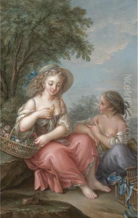 Two Young Girls Sitting In A Landscape With A Pet Canary Oil Painting by Jean-Baptiste Huet