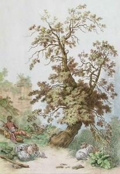 Schafer Mit Hund, Vor Einer Ruine Unter Einem Baum Liegend Oil Painting by Jean-Baptiste Huet