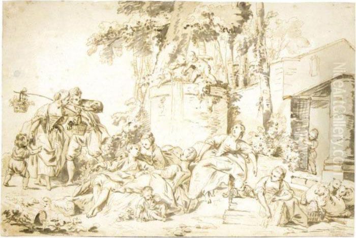 Grape-harvest With Young Men 
Women And Children Resting While Two Putti Play 
On A Grape-filled Barrel In The Background Oil Painting by Jean-Baptiste Huet