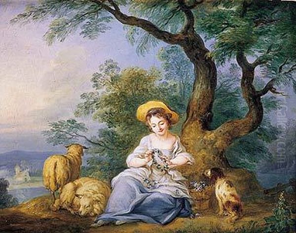 Pastora Descansando Junto A Un Arbol Con Su Perro Y
 Ovejas Oil Painting by Jean-Baptiste Huet