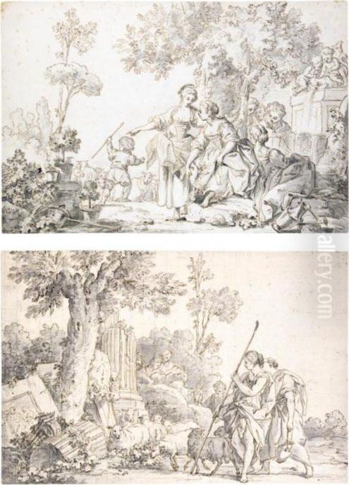 A Pair Of Pastoral Scenes: One 
With Ladies By A Fountain, With A Shepherd Boy And His Flock; The Other 
With Shepherds Looking At Classical Ruins Oil Painting by Jean-Baptiste Huet
