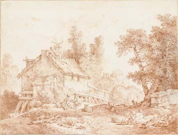 Un Paysage Avec Un Couple De Jeunes Bergers Devant Une Ferme Oil Painting by Jean-Baptiste Huet