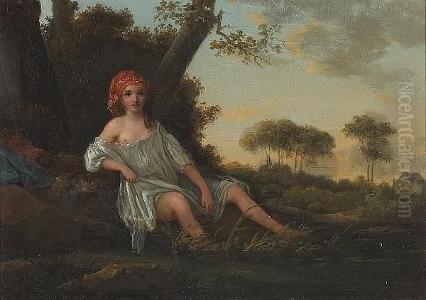 A Girl Resting By A Pond With A Farmhouse Beyond Oil Painting by Jean-Baptiste Huet