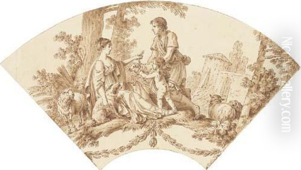Un Berger Et Un Amour Offrant Un Agneau A Une Bergere : Projet Pour Un Eventail Oil Painting by Jean-Baptiste Huet