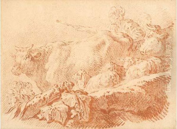 Berger Menant Ses Vaches Et Ses Moutons Oil Painting by Jean-Baptiste Huet