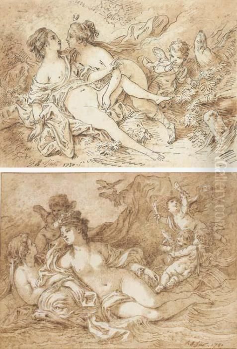 Jupiter Et Callisto Dans Un 
Paysage Avec Un Putto Et Un Aigle; Etvenus Allongee Sur Un Dauphin 
Entouree De Putti Oil Painting by Jean-Baptiste Huet