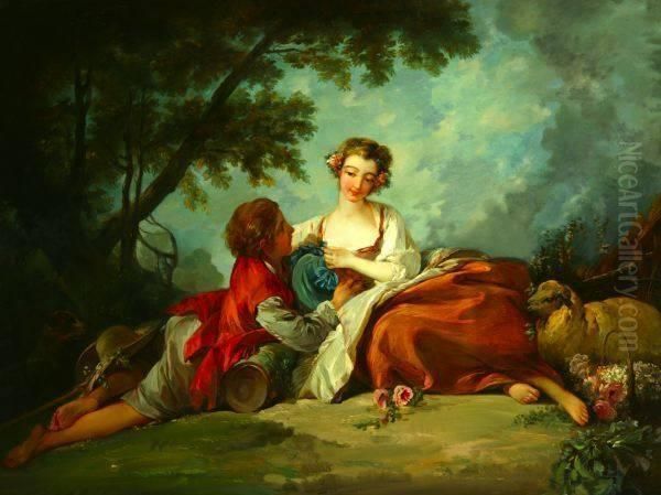 Wooing The Shepherdess Oil Painting by Jean-Baptiste Huet
