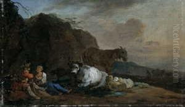 Zugeschrieben Hirtenpaar Mit 
Kuhen Und Schafen In Der Landschaft. Ol Auf Leinwand . H 21,5; B 36,8 Cm Oil Painting by Jean-Baptiste Huet