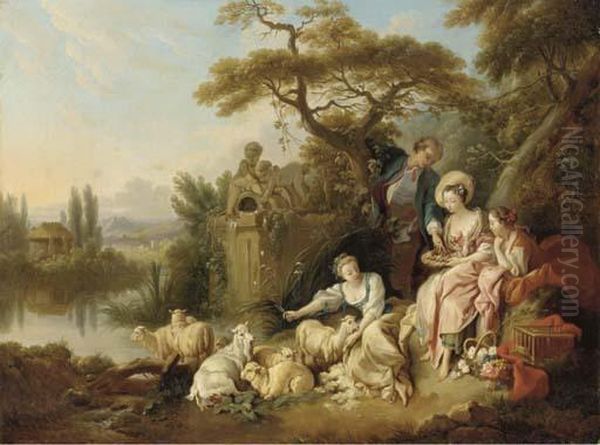 A Pastoral River Landscape With A Shepherd And Shepherdesses Oil Painting by Jean-Baptiste Huet