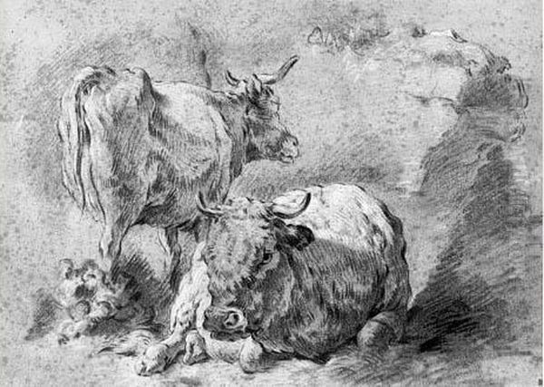 Deux Etudes De Vaches Oil Painting by Jean-Baptiste Huet