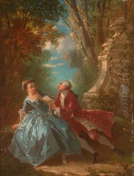 A Courting Couple In A Garden; A Companion Oil Painting by Jean-Baptiste Huet