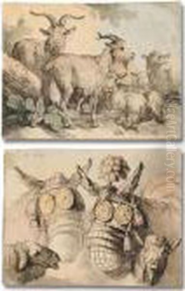 Six Sheets With Studies Of 
Various Animals, Including Sheep, Cows, Goats, Deer, Bears, Foxes And 
Mules Oil Painting by Jean-Baptiste Huet