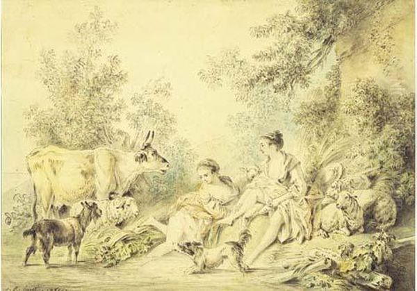 Jeunes Bergeres Se Rafraichissant Au Point D'eau Avec Leur Troupeau. Oil Painting by Jean-Baptiste Huet