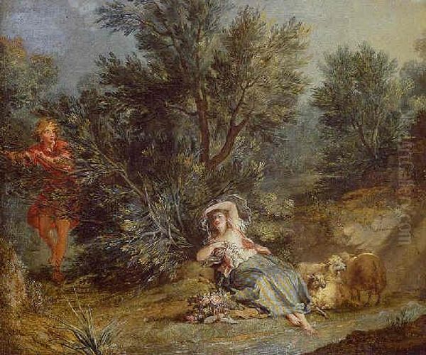 Shepherdess In A Landscape Oil Painting by Jean-Baptiste Huet