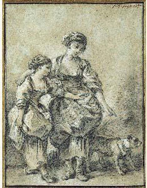 Jeunes Filles Avec Un Chien Oil Painting by Jean-Baptiste Huet