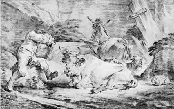 Berger Dans Une Etable Avec Un Boeuf, Un Ane, Un Mouton Et Un
 Chat Oil Painting by Jean-Baptiste Huet