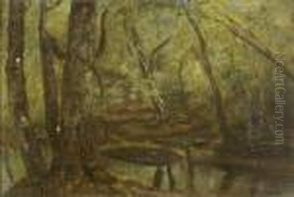 Sous Bois A La Riviere, A Fontainebleau Oil Painting by Paul Huet