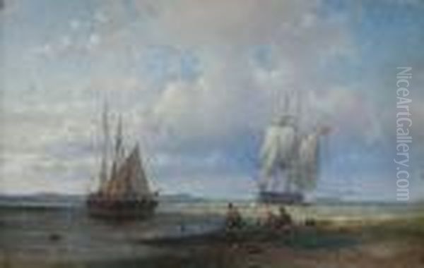 Fishermen Mending Their Nets On 
The Beach, Atrading Brig Standing Out To Sea And A Steamer Beyond Oil Painting by Abraham Hulk Jun.