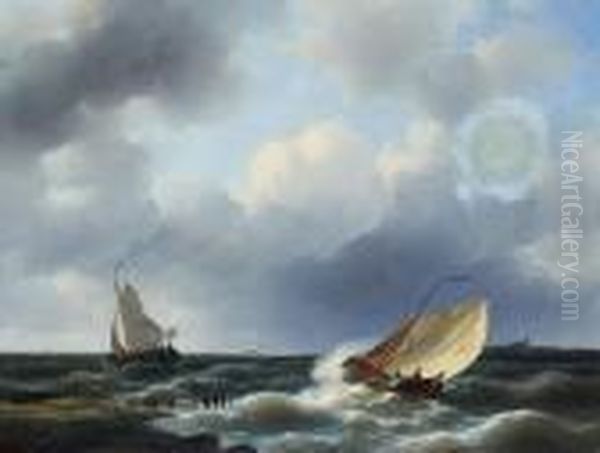 Fischerboote In Kustennahe Auf Bewegter See Oil Painting by Abraham Hulk Jun.