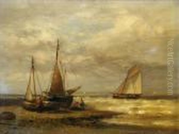 Sailing Ship Ona Beach Oil Painting by Abraham Hulk Jun.