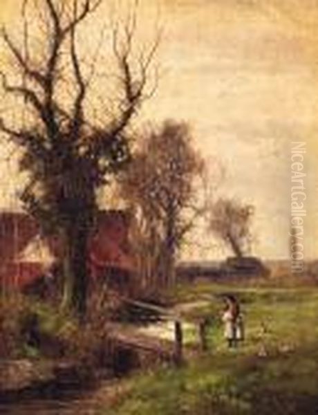 A Peaceful Stretch Of The River;
 And A Mother And Child Before Abridge In A River Landscape Oil Painting by Abraham Hulk Jun.