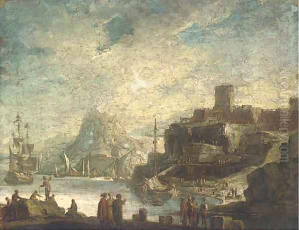 A Mediterranean costal inlet with shipping and stevedores on the shore Oil Painting by Alessandro Magnasco