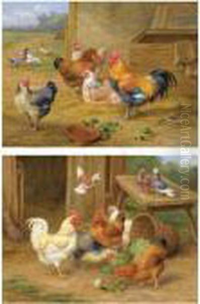 Cockerel And Hen; Chickens And Pigeons Oil Painting by Edgar Hunt
