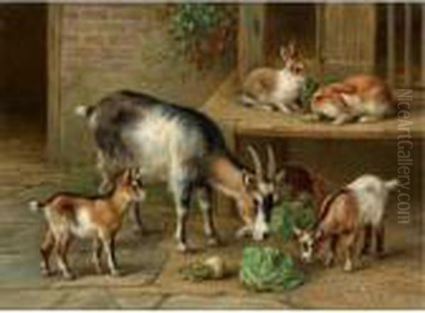Rabbits And Goats At Feeding Time Oil Painting by Edgar Hunt