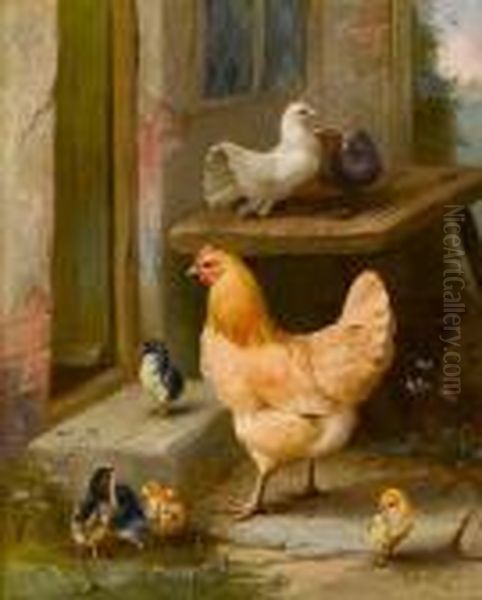 Chicken, Chicks And Pigeons 
Outside A Cottage; Chickens, Chicks, Pigeons And A Dove In A Farmyard Oil Painting by Edgar Hunt