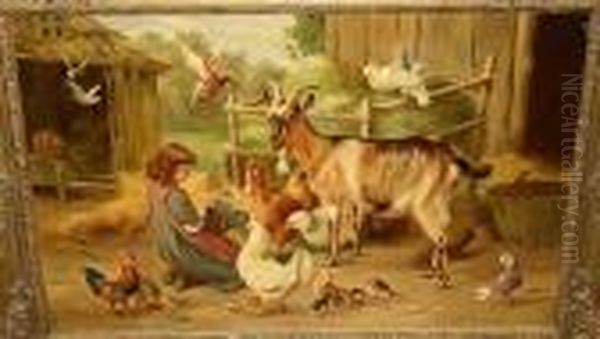 Young Girl Feeding Chickens, A 
Goat And Doves In A Farmyard, Bears Signature And Dated 'e Hunt 1906' Oil Painting by Edgar Hunt