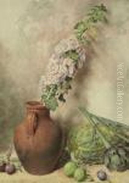 Hollyhock In An Earthenware Pot With Marrow, Artichoke, Plums Andapples Oil Painting by William Henry Hunt