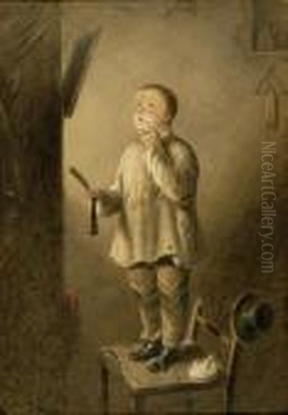 Attributed To William Henry 
Hunt, A Full Length Portrait Of A Young Boy Shaving, Entitled Giving 
Himself Airs, Watercolour, 47 X 32 Cm See Illustration Oil Painting by William Henry Hunt