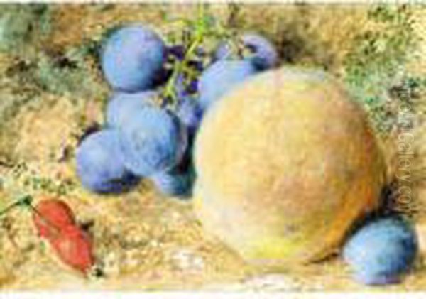 Still Life With A Peach, Plums And Rosehips On A Mossy Bank Oil Painting by William Henry Hunt
