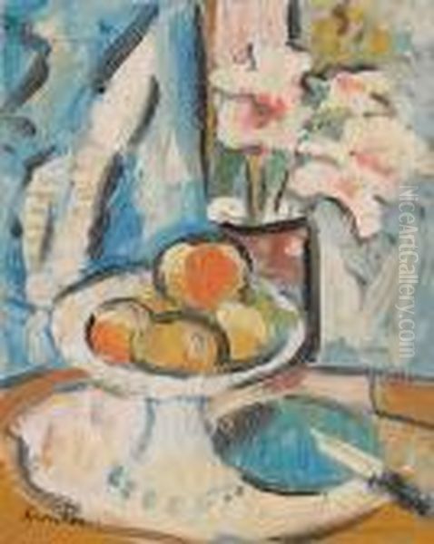 Still Life Of Pink Flowers And Fruit Oil Painting by George Leslie Hunter