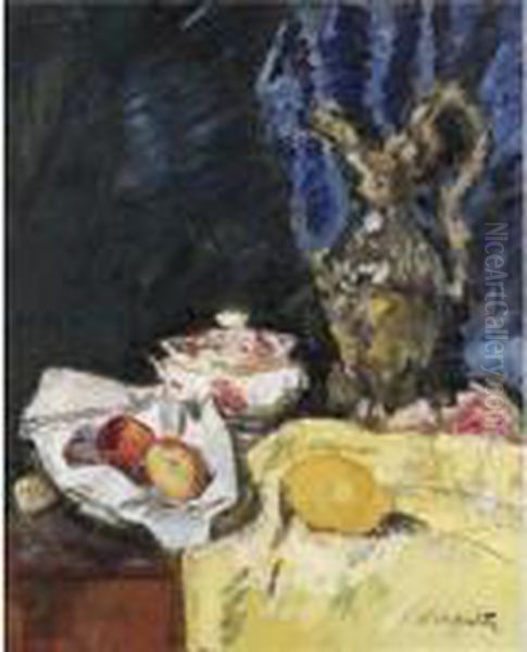 Still Life With Fruit, A Ewer 
And An Ecuelle On A Yellow Drape (recto), A Fife Landscape (verso) Oil Painting by George Leslie Hunter